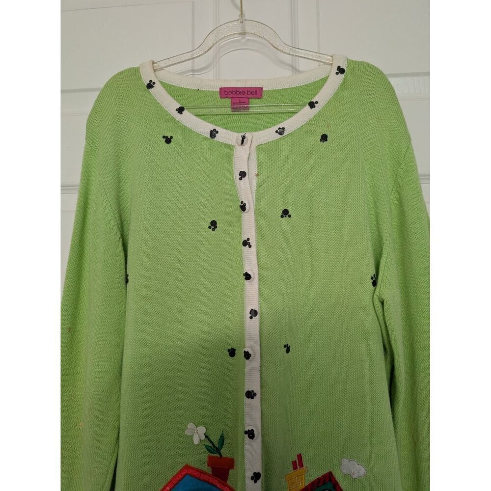 Vintage Bobbie Bell Dog Cardigan Womens Size Large Green Embellished Sweater - Picture 2 of 15